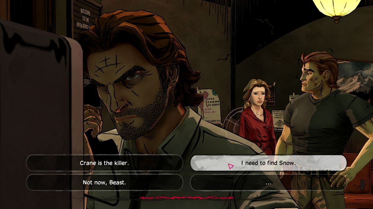 The Wolf Among Us (Windows) screenshot: Episode 3: Bigby trying to warn Snow, but she's not picking up