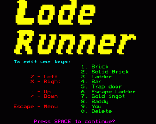 Lode Runner (BBC Micro) screenshot: Controls to edit