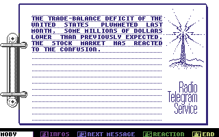 Wall$treet (Commodore 64) screenshot: Radio telegram