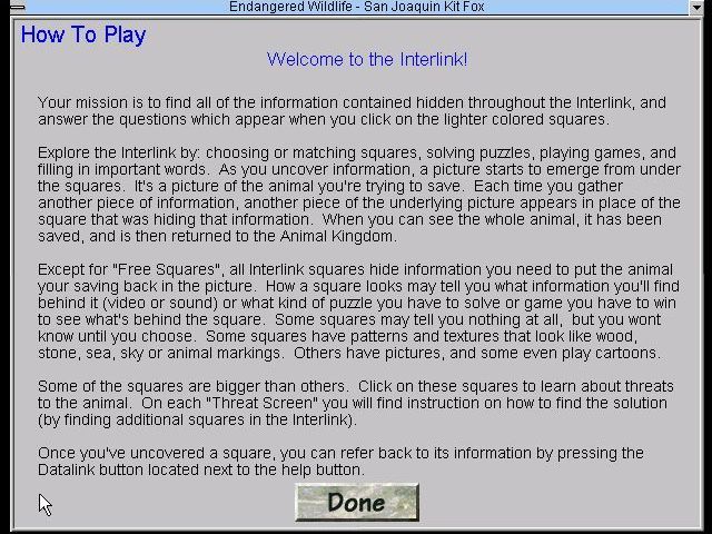 David Bellamy's Endangered Wildlife (Windows 3.x) screenshot: The Discovery Tour: The screen of tiles is different to most other games so it's good that there's in-game help
