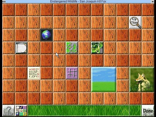 David Bellamy's Endangered Wildlife (Windows 3.x) screenshot: The Discovery Tour: The San Joaquin Kit Fox was selected from the 'Tour's menu screen. This is the grid of tiles that is produced
