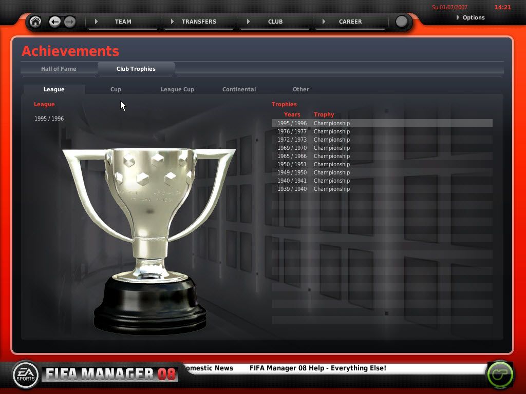FIFA Manager 08 (Windows) screenshot: Historical achievements of the Atletico de Madrid