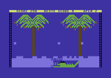 Alligator Moeras (Commodore 64) screenshot: The floor is running out; the alligator slurps up a monkey