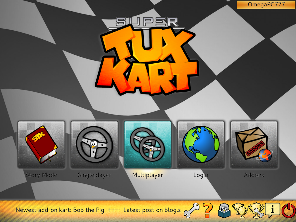 SuperTuxKart (Windows) screenshot: The main menu.