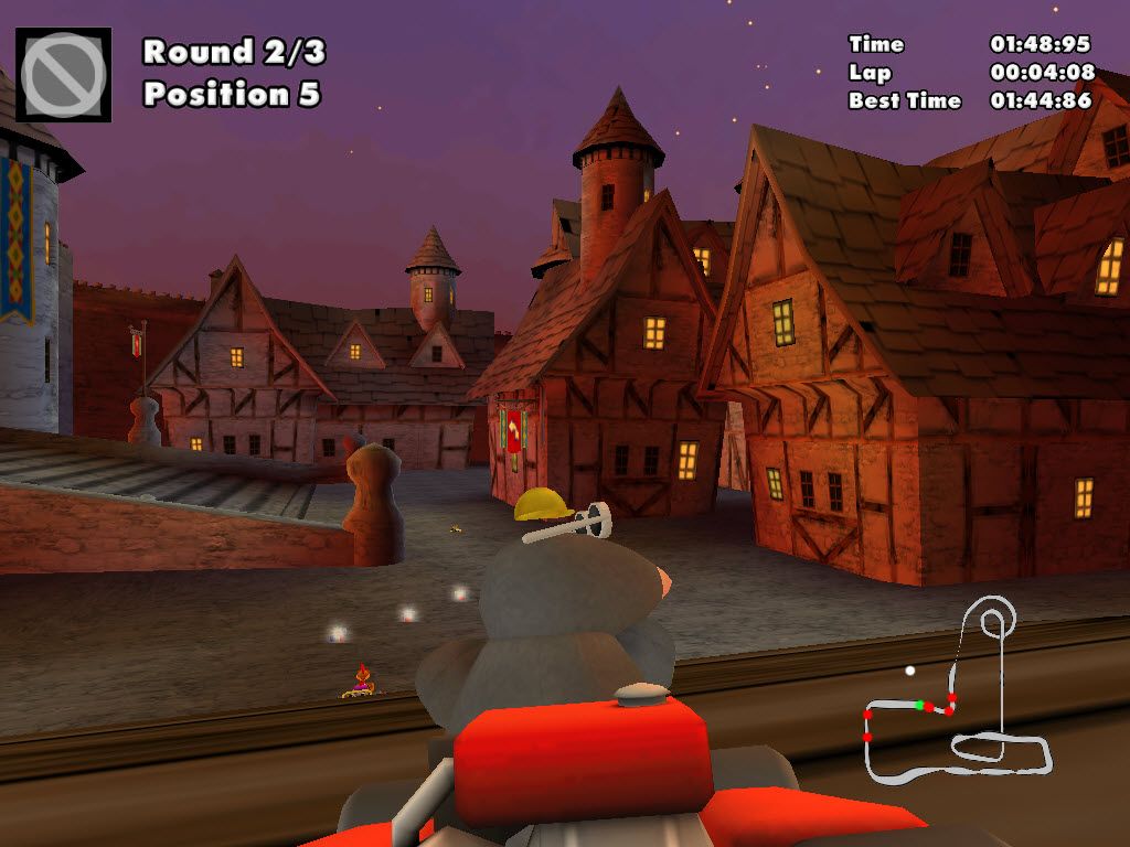 Crazy Chicken: Kart 2 (Windows) screenshot: Driving on the village