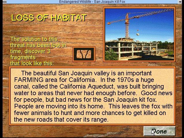 David Bellamy's Endangered Wildlife (Windows 3.x) screenshot: Sometimes the factual information contains a clue, here the player is advised to find three tile fragments