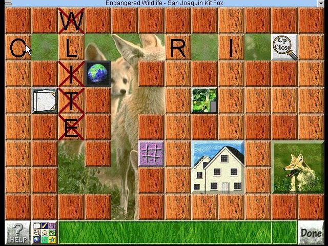 David Bellamy's Endangered Wildlife (Windows 3.x) screenshot: The paler tiles are where the answers to crossword clues go. Clicking on one tile in the row/column brings up a clue in the green bar at the bottom. If answered correctly the tiles are removed