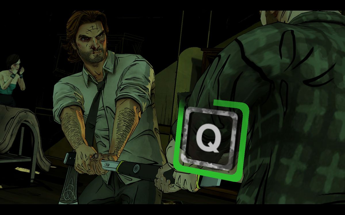 The Wolf Among Us (Windows) screenshot: Episode 1 - Quick time event with a key press during a fight. You'll have to press it multiple times and quickly to fill up the green part.