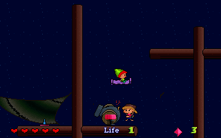 Zis the Adventure (DOS) screenshot: Floating on a cushion over cannon-shooting pirates!