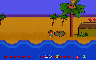 Zis the Adventure (DOS) screenshot: Ahh, finally relaxing on a tropical beach... well, not quite: coconut-throwing monkeys and maniacal boars were not supposed to be included in the package!