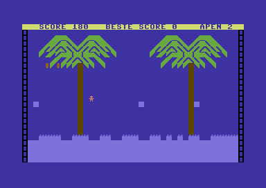 Alligator Moeras (Commodore 64) screenshot: Almost all of the coconuts have been collected; the trees refill when all are collected