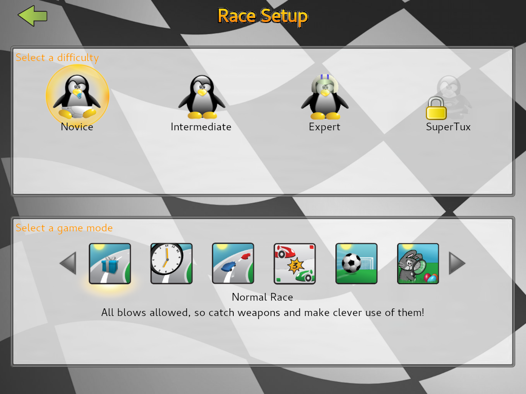 SuperTuxKart (Windows) screenshot: The race setup screen.
