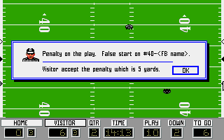 PlayMaker Football (DOS) screenshot: Penalty on the Play - False Start (EGA/VGA)