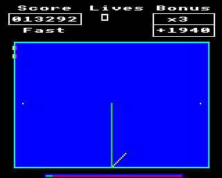 Frenzy (BBC Micro) screenshot: Lepton hits the ion-trail left by your craft