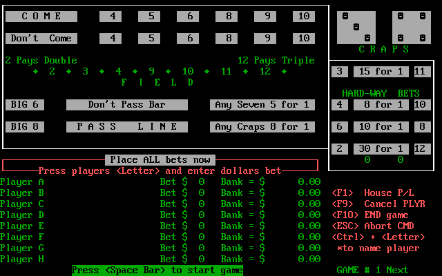 High Roller Casino (DOS) screenshot: Craps Table / Craps