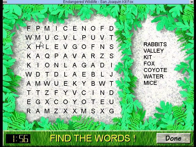 David Bellamy's Endangered Wildlife (Windows 3.x) screenshot: One of the tiles triggers a timed Wordsearch game.
