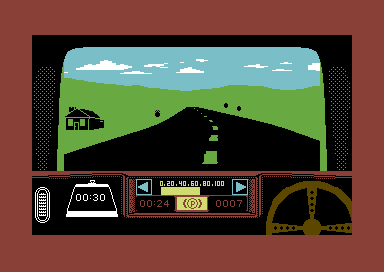 Rally Driver (Commodore 64) screenshot: Hurtling through the countryside.