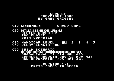 Warship (Commodore 64) screenshot: Options screen.