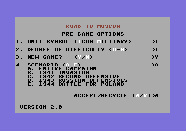Road to Moscow (Commodore 64) screenshot: Option screen (Version 2.0)