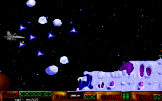 Interpose X-mas Greetings (DOS) screenshot: Snow "asteroids" are also a threat.
