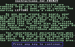 Frenzy (Commodore 64) screenshot: Instructions part 1