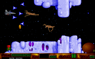 Interpose X-mas Greetings (DOS) screenshot: Some robotic Reindeer coming at you.