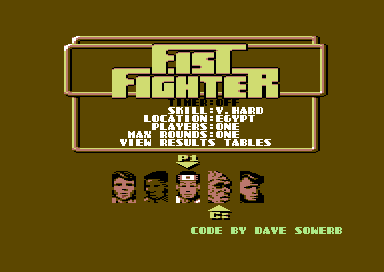 Fist Fighter (Commodore 64) screenshot: Title and options screen.