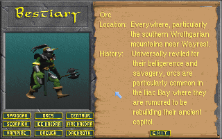 The Elder Scrolls: Daggerfall (Demo Version) (DOS) screenshot: The Bestiary option provides background information on some of the monster types that may be encountered in the game.