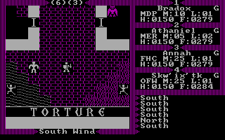 Exodus: Ultima III (DOS) screenshot: Welcome to Lord British's spacious and luxurious Torture Chamber, where he waterboards and burns jesters. Well, this game at least is more realistic than Ultima IV.