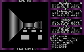 Exodus: Ultima III (DOS) screenshot: Is it modern art? No, it's an Ultima III dungeon full of chests! (The chests are the white rectangles, OK?)