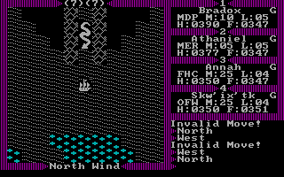 Exodus: Ultima III (DOS) screenshot: This great snake blocks the way... Getting rid of it is one of main puzzles in the game.