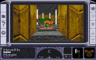 Thor's Hammer (DOS) screenshot: Using fire magic against the goblins.