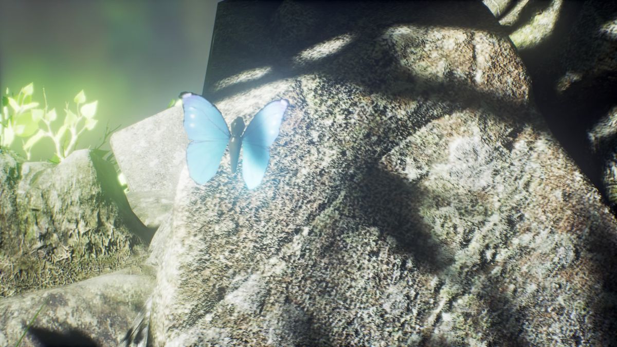 Asemblance (PlayStation 4) screenshot: Zooming in on the blue butterfly in the Woodland Ridge will shift you to a new memory segment