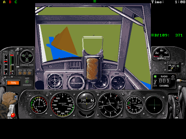 Air Warrior (DOS) screenshot: Bf-109 cockpit view. (v1.5)