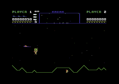Guardian II: Revenge of the Mutants (Commodore 64) screenshot: Shoot the Raider to save the Earthling.