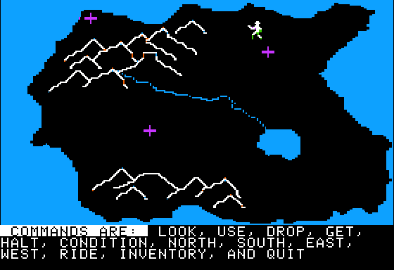 Odyssey: The Compleat Apventure (Apple II) screenshot: Just started to play. The list of available commands is displayed.