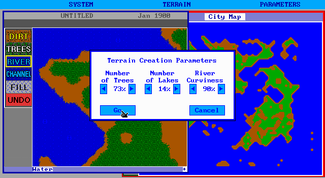 Sim City: Terrain Editor (DOS) screenshot: Generating a new terrain