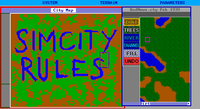 Sim City: Terrain Editor (DOS) screenshot: Editing a terrain