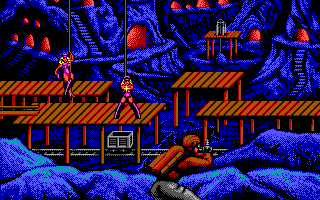 Rocket Ranger (DOS) screenshot: Nazi mine on the moon. It's guarded my Amazonian guards.
