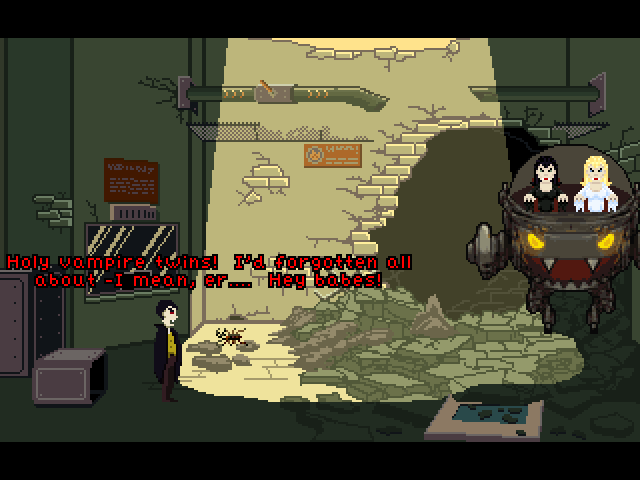 Draculator II: Byte of the Draculator (Windows) screenshot: The vampire twins in a combat robot