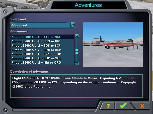 Airport 2000: Volume 2 (Windows) screenshot: The new adventures appear in the Advanced Adventures library