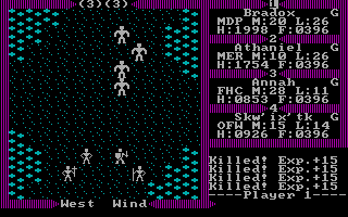 Exodus: Ultima III (DOS) screenshot: With Skw'ix'tk now mastering the magic art of mass destruction, I'm having my revenge on those cruel city guards. Wua ha haaa!!!