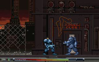 Zyclunt (DOS) screenshot: Fighting robots in front of a club
