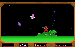 Crazy Nick's Software Picks: Roger Wilco's Spaced Out Game Pack (DOS) screenshot: Hunter is shooting at the chicken