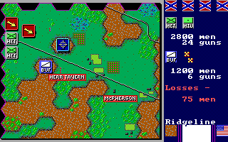 Decisive Battles of the American Civil War, Vol. 2 (DOS) screenshot: Southern army is attacking Northern army in 'Gettysburg Day 1' scenario (EGA)