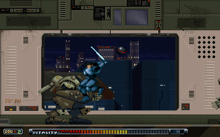 Zyclunt (DOS) screenshot: Battle in a high-tech area