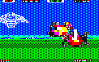 Space Harrier (Sharp X1) screenshot: Explosions and an enemy on the left