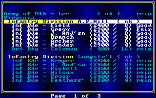 Decisive Battles of the American Civil War, Vol. 2 (DOS) screenshot: Roster of Southern army in 'Gaines Mill' scenario (EGA)