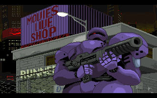 Zyclunt (DOS) screenshot: Cyborgs guard the district