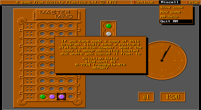 Screenshot of MasterMind (DOS, 1989) - MobyGames